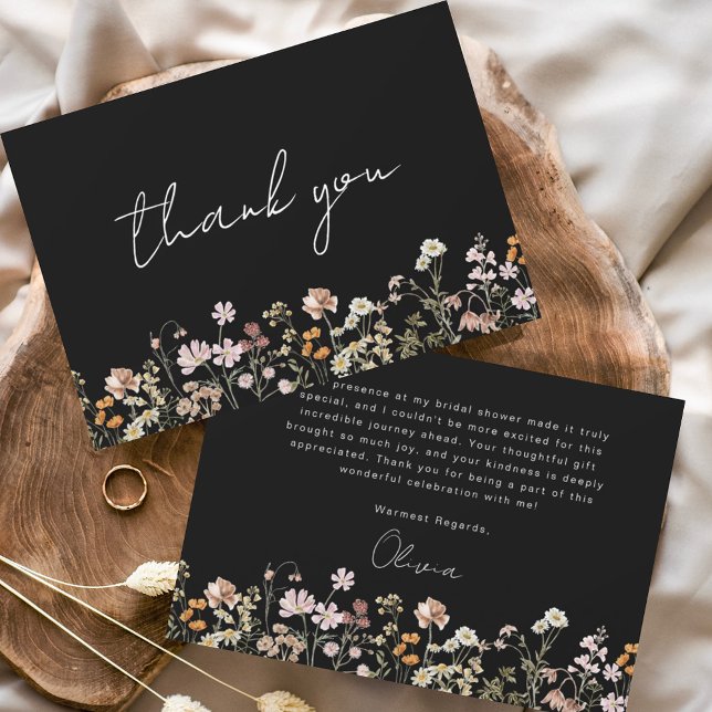 Tarjeta De Agradecimiento Black Wildflower Bridal Shower (Subido por el creador)