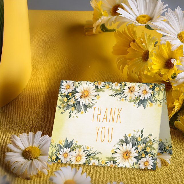 Tarjeta De Agradecimiento Blanca | Baby Shower floral amarillo marrón (Little Daisy Theme Yellow, White and Green Daisies Floral Folded "Thank You" Card)