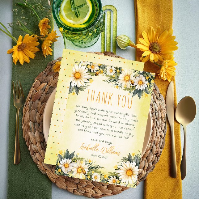 Tarjeta De Agradecimiento Blanca | Baby Shower floral amarillo marrón (Daisies Yellow, White and Green Spring Floral Thank You Card -- Little Daisy Collection)