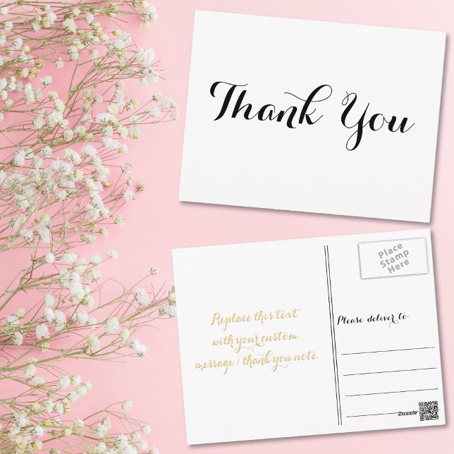Tarjeta de agradecimiento blanca con guión negro e (Personalized Elegant Black Script White Thank You Postcard)