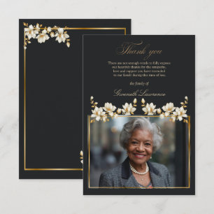 Tarjeta De Agradecimiento Blanca Magnolia Elegante Hojas Doradas Funeral