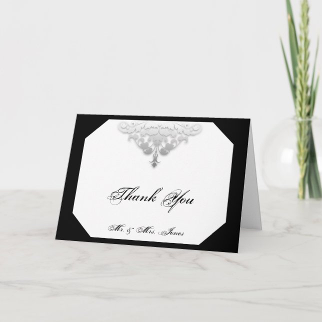 Tarjeta de agradecimiento blanca negra y plateada (Anverso)