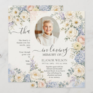 Tarjeta De Agradecimiento Blanco Azul Rubor Floral Foto Funeral Memorial