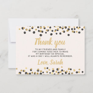 Tarjeta De Agradecimiento Blanco Cumpleaños Gracias Confeti Oro Negro