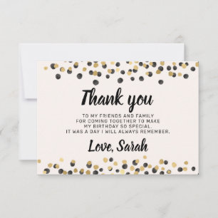 Tarjeta De Agradecimiento Blanco Cumpleaños Gracias Confeti Oro Negro