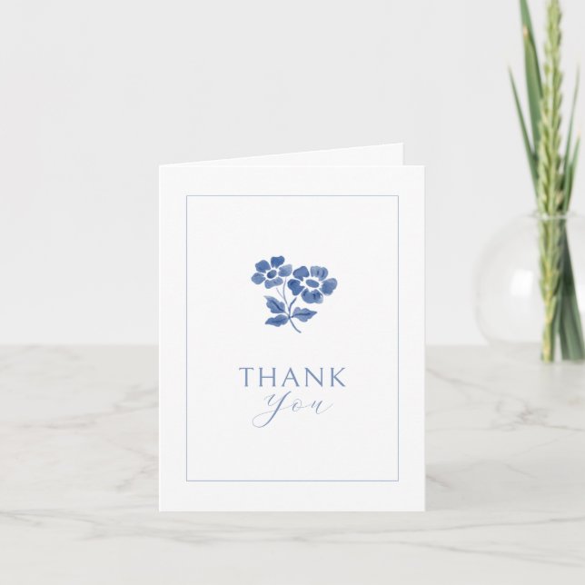 Tarjeta De Agradecimiento Blanco | Floral azul doblado Gracias Boda (Anverso)