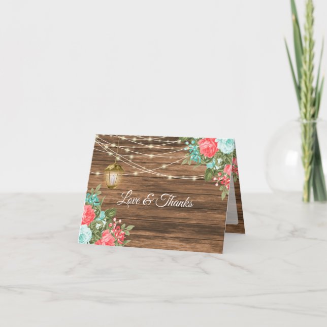 Tarjeta De Agradecimiento Blanco - Madera, Linterna y Verde Azul Turquesa, F (Anverso)
