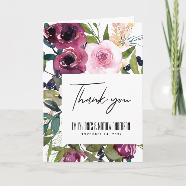 TARJETA DE AGRADECIMIENTO BLANCO RUBOR BURGUNDY GREEN FLORAL BUNCH BODA (Anverso)