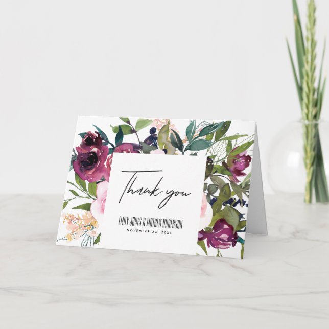 TARJETA DE AGRADECIMIENTO BLANCO RUBOR BURGUNDY GREEN FLORAL BUNCH BODA (Anverso)