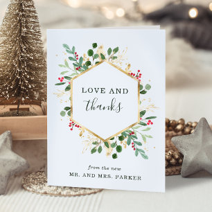Tarjeta De Agradecimiento Blanco verde dorado   Boda de Navidades fotográfic
