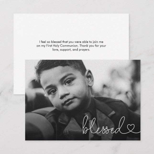 Tarjeta De Agradecimiento Blessed Heart Script Minimal Photo First communion (Anverso / Reverso)