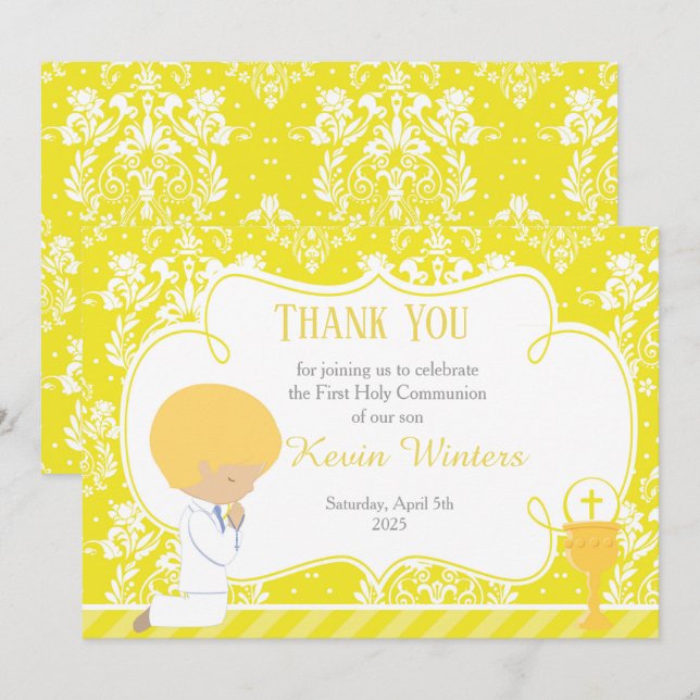 Tarjeta De Agradecimiento Blonde Boy First Communition Damask (Anverso / Reverso)