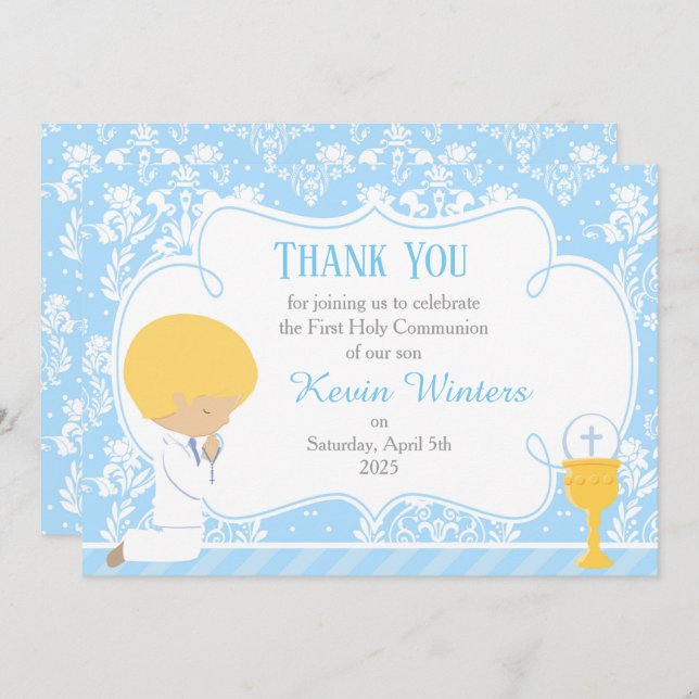 Tarjeta De Agradecimiento Blonde Boy First Communition Damask (Anverso / Reverso)