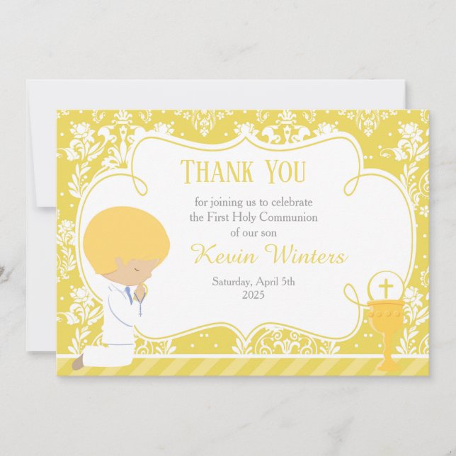 Tarjeta De Agradecimiento Blonde Boy First Communition Damask (Anverso)