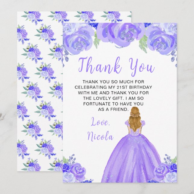 Tarjeta De Agradecimiento Blonde Hair Princess Purple Floral Birthday Party (Anverso / Reverso)