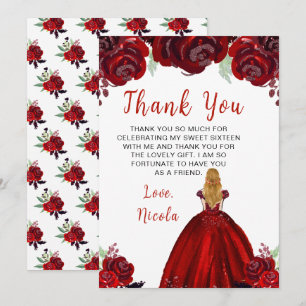 Tarjeta De Agradecimiento Blonde Hair Princess Red Floral Sweet 16