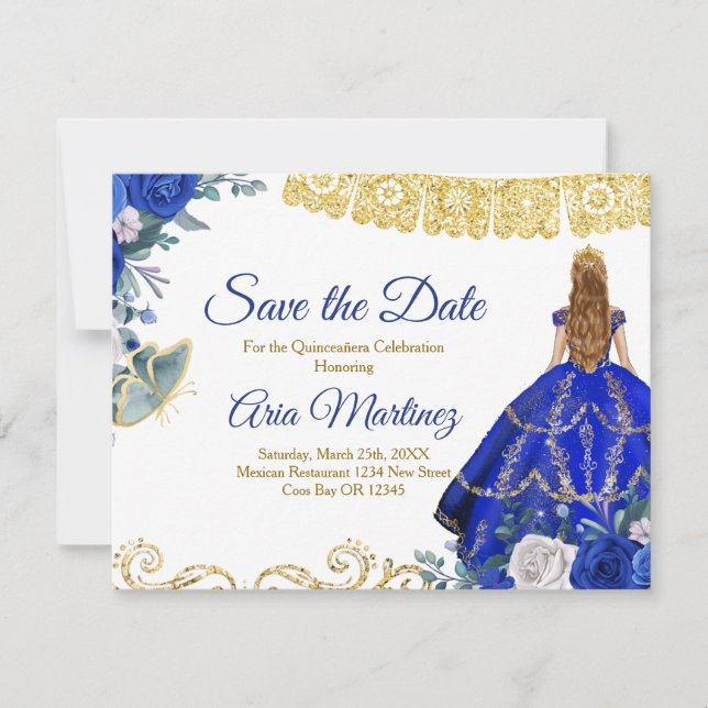 Tarjeta De Agradecimiento Blonde Quinceañera 15 Anos Blue Save the Date (Anverso)