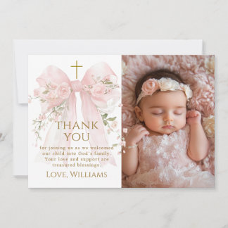 Tarjeta De Agradecimiento Bloom Floral Bow Girl Baptism