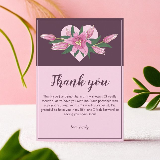 Tarjeta De Agradecimiento Blooming Lily Sweet Heart Baby Shower/ Cumpleaños (Blooming Lily Sweet Heart Baby Shower/ Birthday Thank You Card)