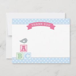 Tarjeta De Agradecimiento Bloques ABC rosados y azules Niña Bebé Pájaro
