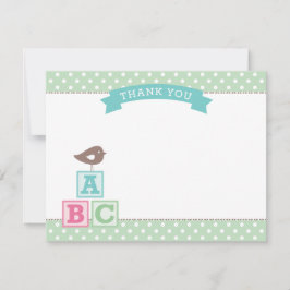 Tarjeta De Agradecimiento Bloques ABC Verde Menta Fiesta de Bebé Pájaro