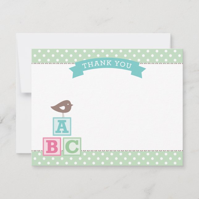 Tarjeta De Agradecimiento Bloques ABC Verde Menta Fiesta de Bebé Pájaro (Anverso)