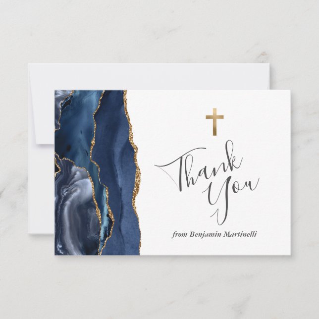 Tarjeta De Agradecimiento Blue Agate Gold First Communition Gracias (Anverso)