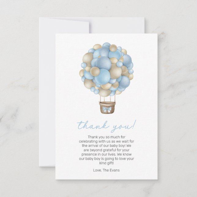 Tarjeta De Agradecimiento Blue Air Balloon Boy Baby Shower (Anverso)