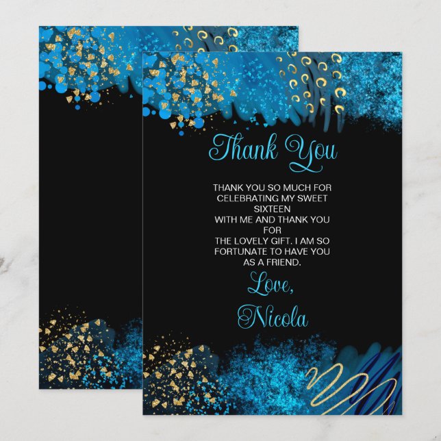 Tarjeta De Agradecimiento Blue Alcohol Ink Sweet Sixteen (Anverso / Reverso)
