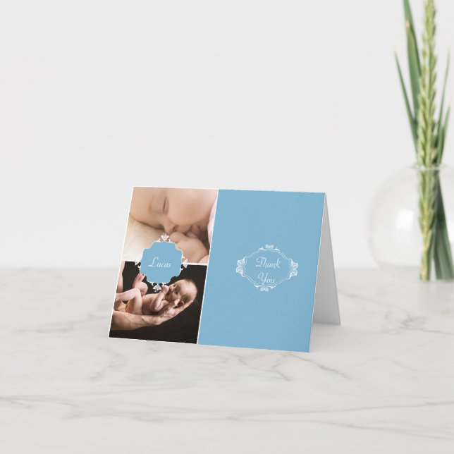 Tarjeta De Agradecimiento Blue and Brown Baby Giraffe Gracias (Anverso)