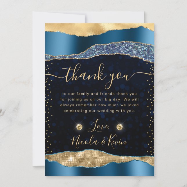 Tarjeta De Agradecimiento Blue and Gold Glam Lears Bokeh Boda (Anverso)