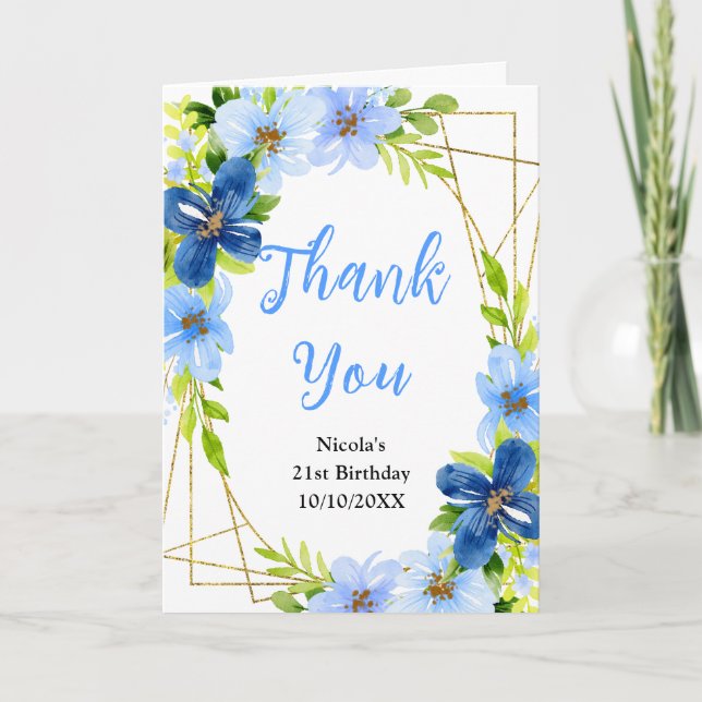 Tarjeta De Agradecimiento Blue and Navy Flowers with Foliage Birthday (Anverso)