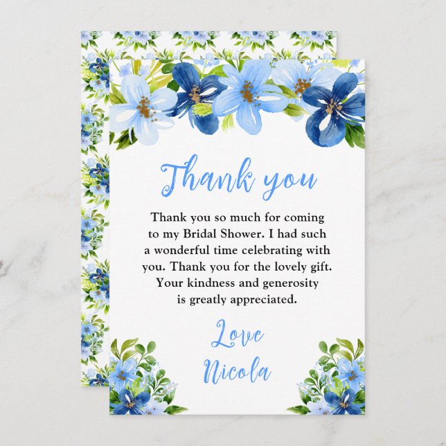 Tarjeta De Agradecimiento Blue and Navy Flowers with Foliage Bridal Shower (Anverso / Reverso)