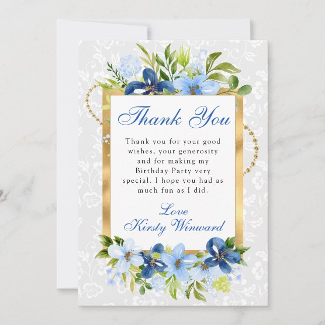 Tarjeta De Agradecimiento Blue and Navy Summer Flowers Gold Cumpleaños (Anverso)