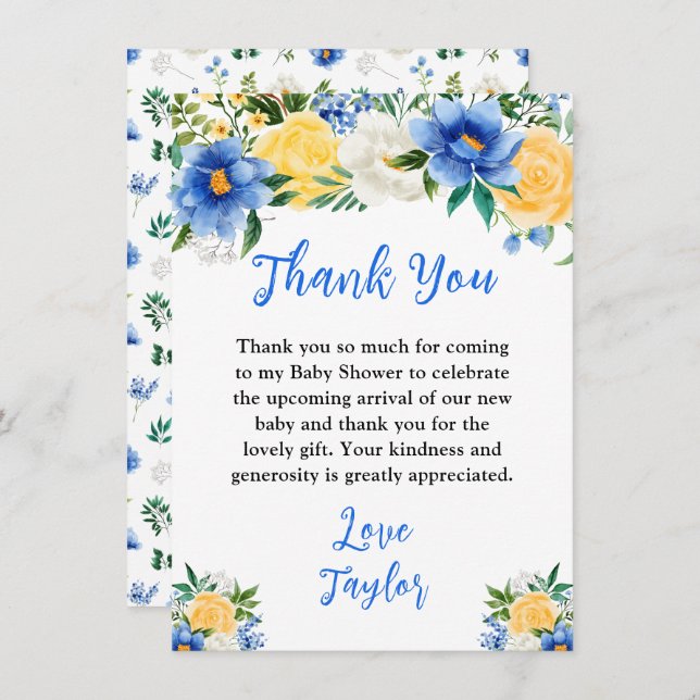 Tarjeta De Agradecimiento Blue and Yellow Floral Baby Shower (Anverso / Reverso)