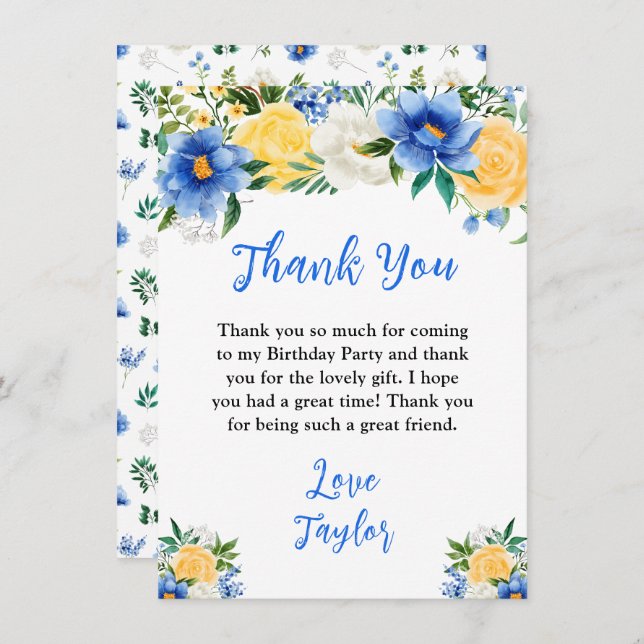 Tarjeta De Agradecimiento Blue and Yellow Floral Birthday Party (Anverso / Reverso)