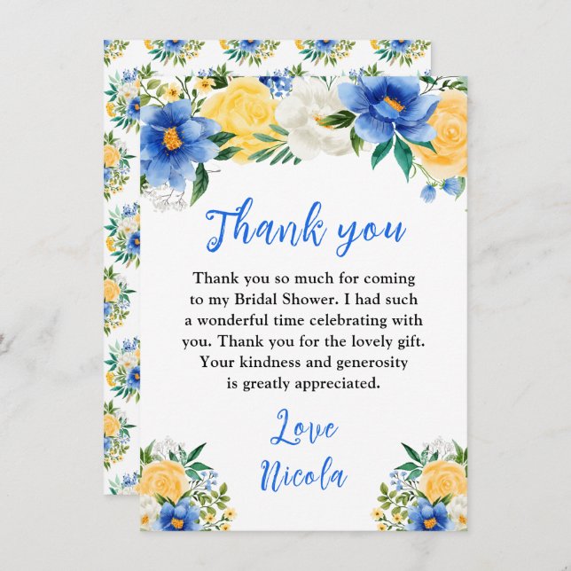 Tarjeta De Agradecimiento Blue and Yellow Floral Bridal Shower (Anverso / Reverso)