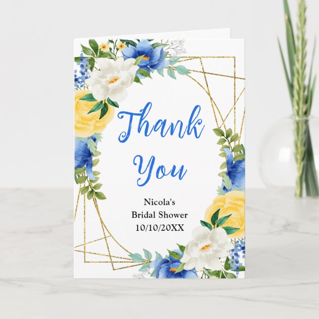 Tarjeta De Agradecimiento Blue and Yellow Floral Bridal Shower (Anverso)