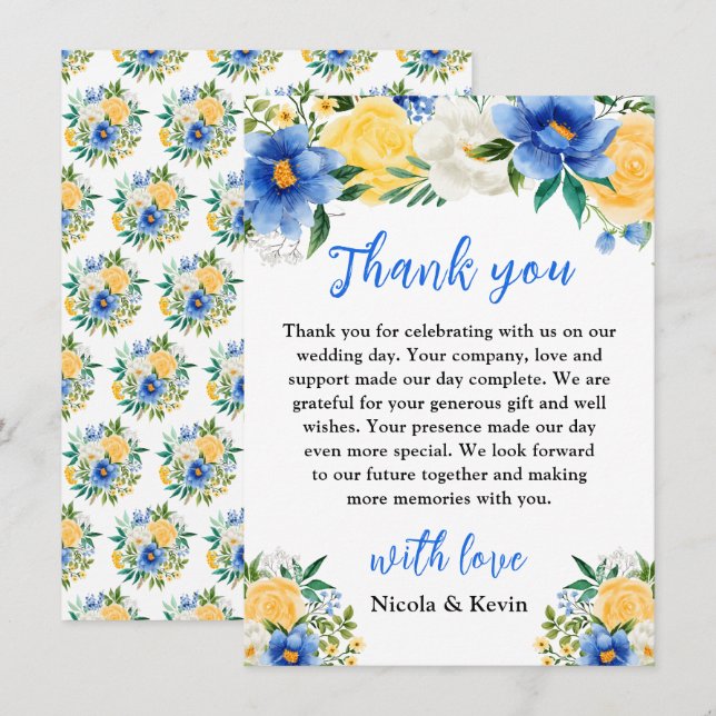 Tarjeta De Agradecimiento Blue and Yellow Floral Wedding (Anverso / Reverso)