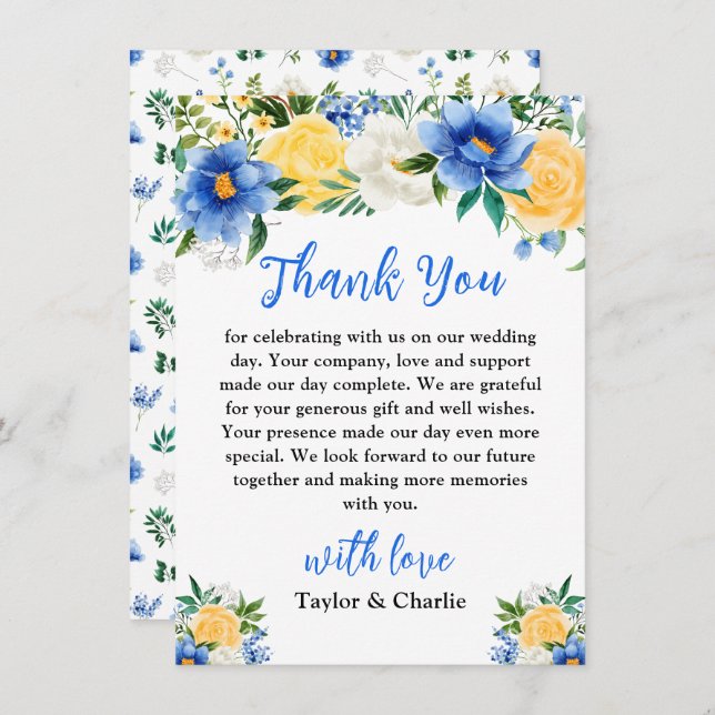 Tarjeta De Agradecimiento Blue and Yellow Floral Wedding (Anverso / Reverso)