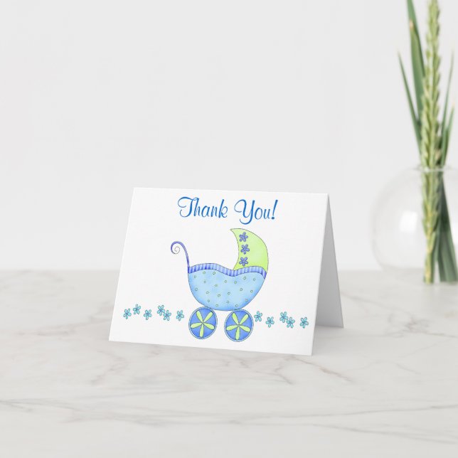Tarjeta De Agradecimiento Blue Baby Buggy Carriles Gracias (Anverso)