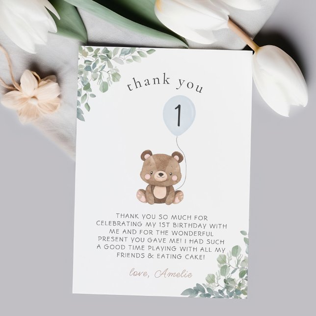 Tarjeta De Agradecimiento Blue Balloon Greenery Teddy Bear First Birday (Subido por el creador)