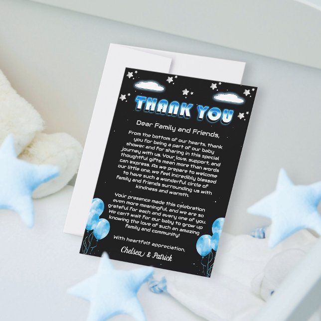 Tarjeta De Agradecimiento Blue Balloons Celestial Starry Night Baby Shower (Subido por el creador)