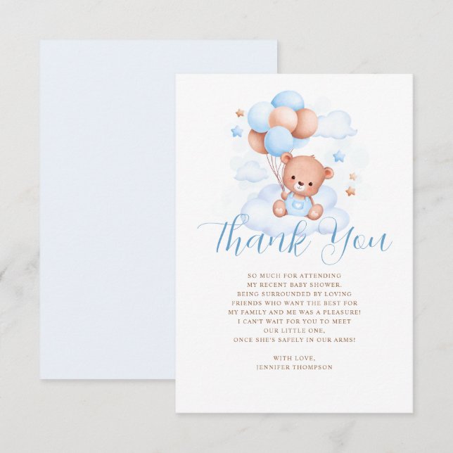 Tarjeta De Agradecimiento Blue Balloons Teddy Bear Baby Shower (Anverso / Reverso)