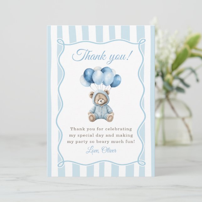 Tarjeta De Agradecimiento Blue Balloons Teddy Bear Birthday Thank You Card (Anverso de pie)