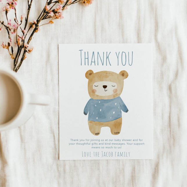 Tarjeta De Agradecimiento Blue Bear Baby Shower Cute gracias (Simple blue boy sleepy bear "Thank you" baby shower card.)