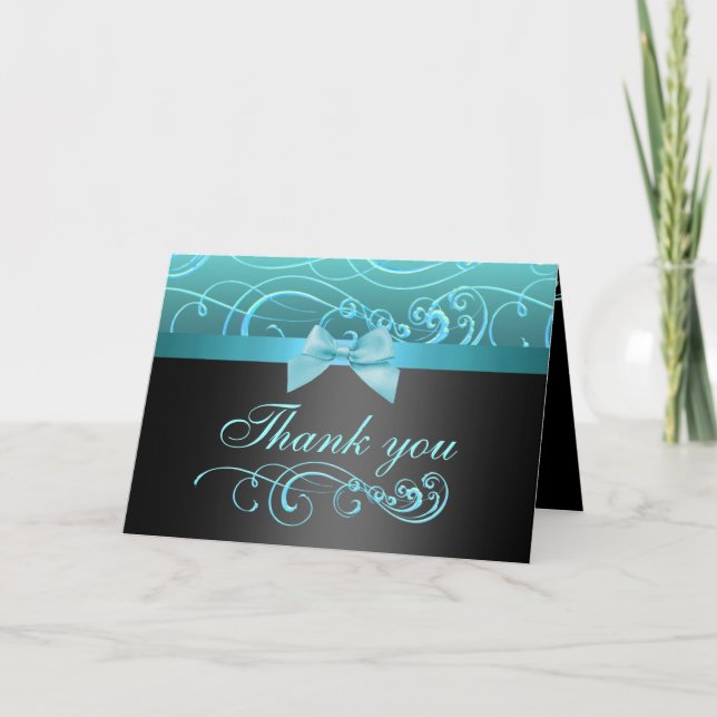 Tarjeta de agradecimiento Blue/Black Bow & Swirl (Anverso)