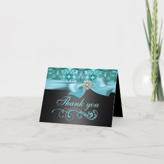 Tarjeta de agradecimiento Blue/Black Damask & Bow