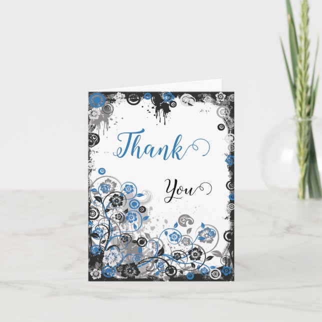 Tarjeta De Agradecimiento Blue & Black Splatter Floral Thank You Card (Anverso)