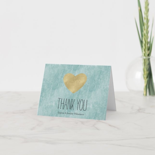 Tarjeta De Agradecimiento Blue Bliss Gold Heart Gracias (Anverso)